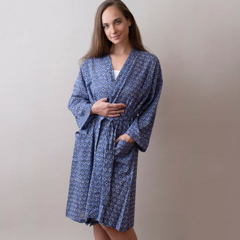 Basti Blue Block Printed Cotton Robe