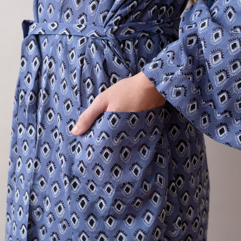 Basti Blue Block Printed Cotton Robe