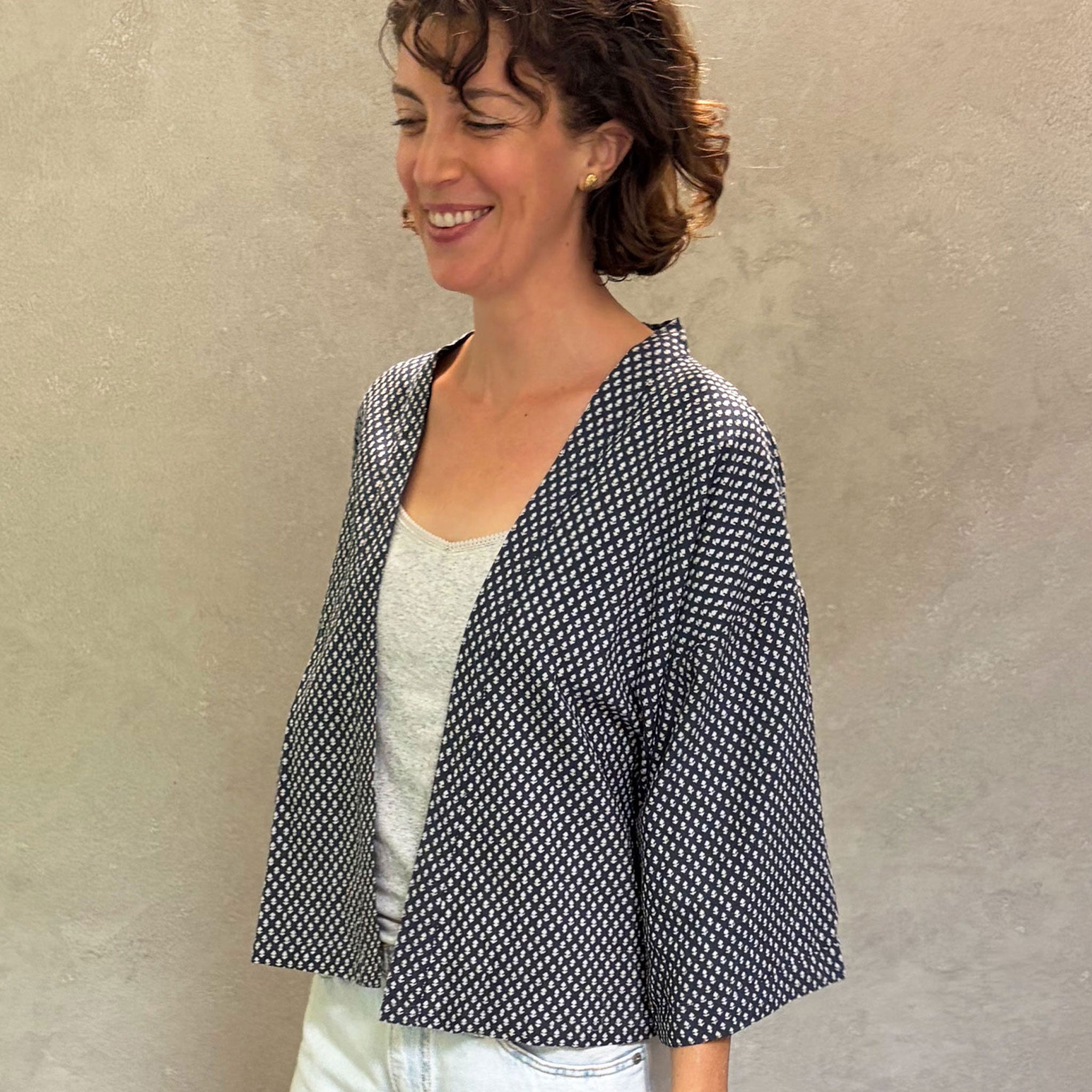 Adeline Navy Short Haori in Cotton Linen