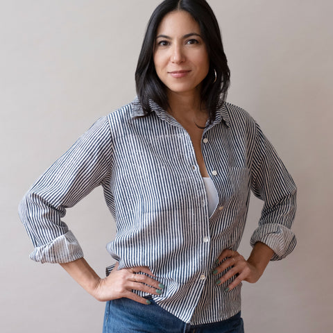 Pali Top- Stripes Navy in Double Cotton Gauze