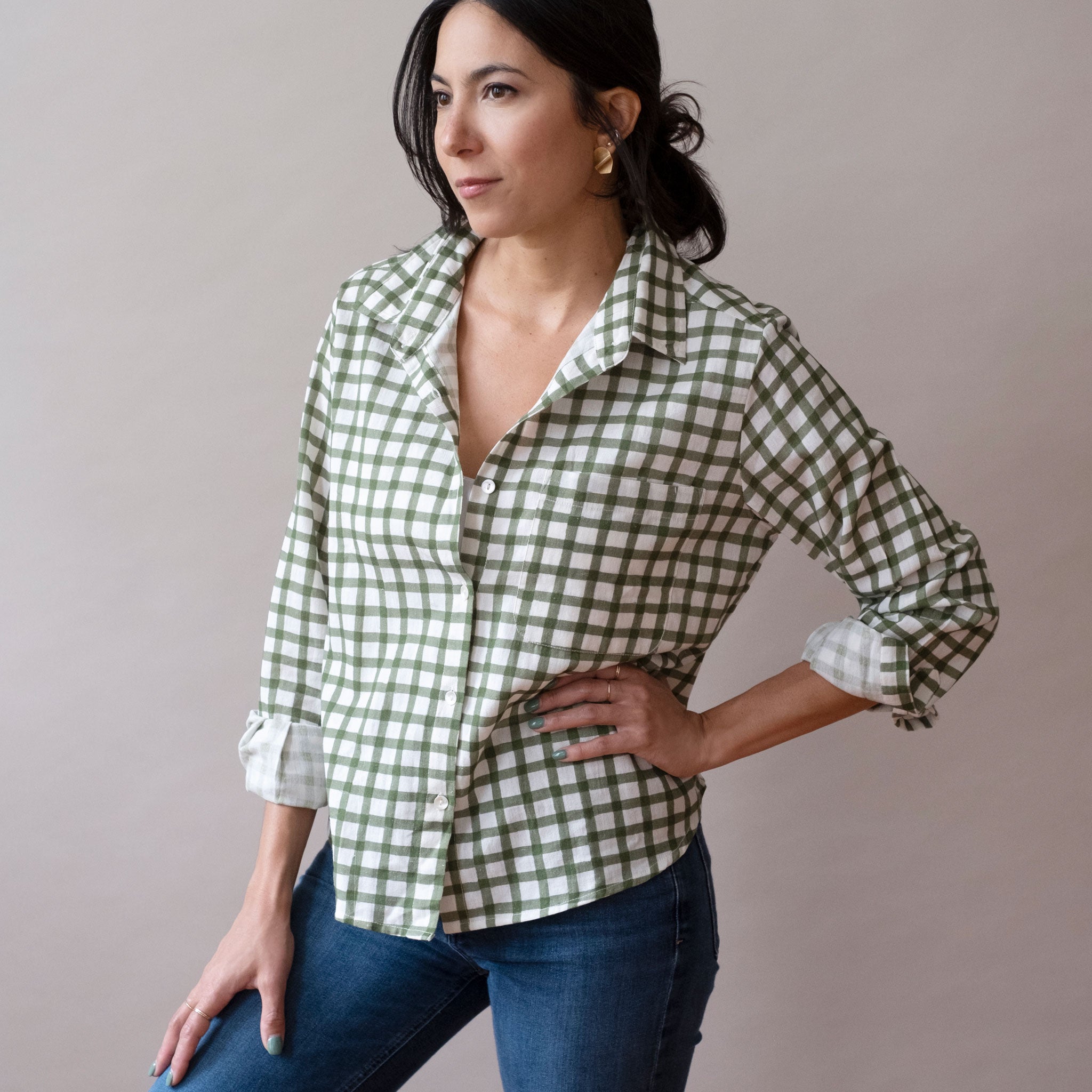 Pali Top- Gingham Forest in Double Cotton Gauze