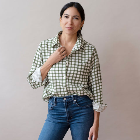 Pali Top- Gingham Forest in Double Cotton Gauze