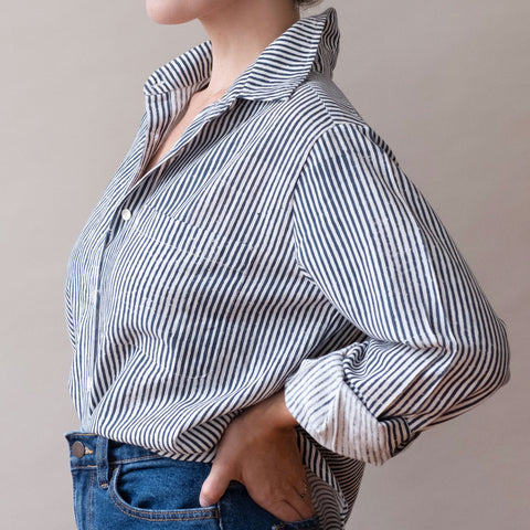 Pali Top- Stripes Navy in Double Cotton Gauze