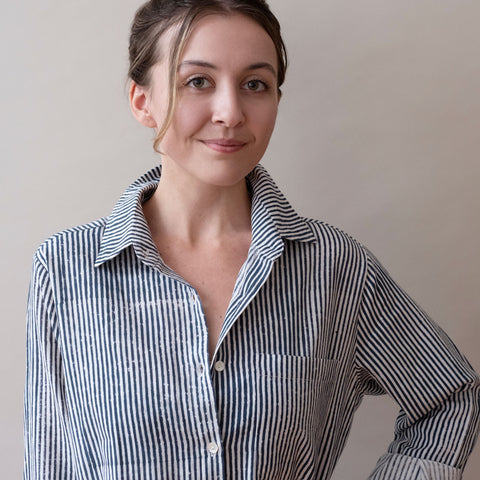 Pali Top- Stripes Navy in Double Cotton Gauze