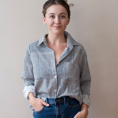 Pali Top- Stripes Navy in Double Cotton Gauze